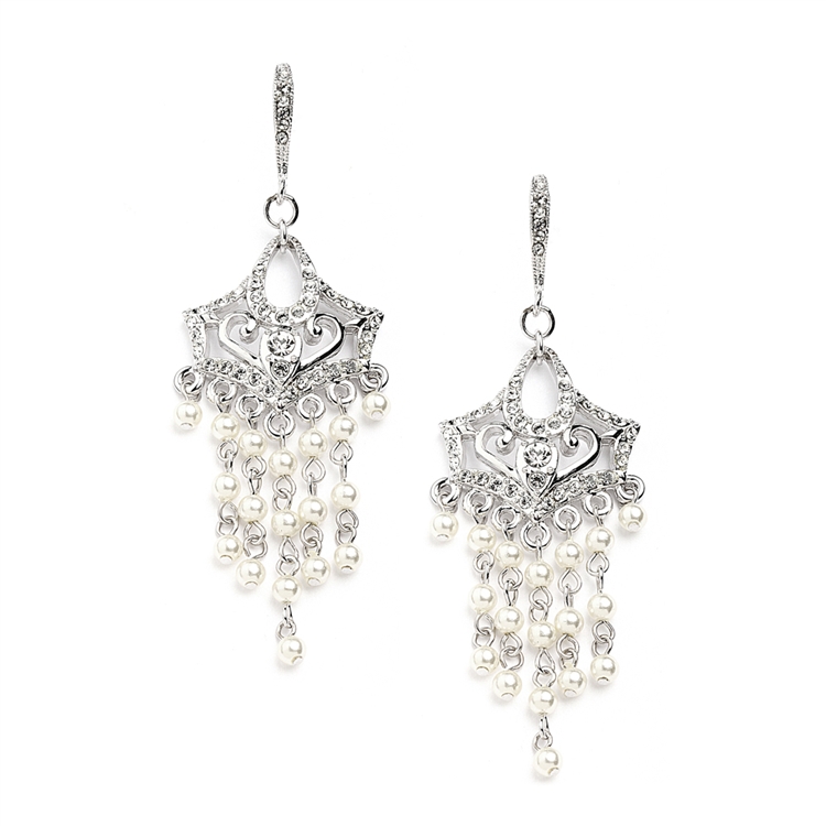 Vintage Pearl Chandelier Wedding Earrings with Cubic Zirconia Encrusted French Wires<br>4067E