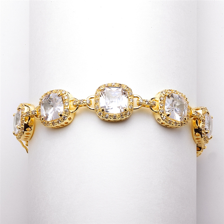 Plus Size 8" Magnificent Cushion Cut CZ Gold Bridal Bracelet<br>4069B-G-8
