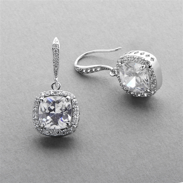 Magnificent Cushion Cut Cubic Zirconia Wedding or Pageant Earrings in Platinum Silver<br>4069E-S