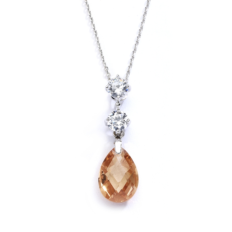 CZ Bridal or Bridesmaids Necklace Pendant with Champagne Crystal Drop<br>4078N-CH
