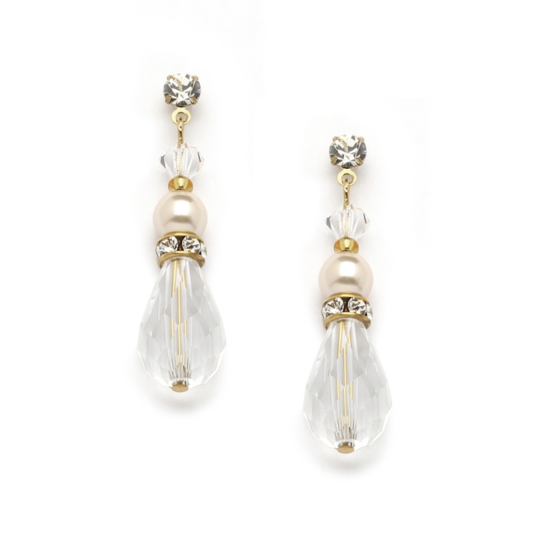 Crystal Teardrop Wedding, Prom or Bridesmaids Earrings with Ivory & Gold<br>4079E-I-CR-G