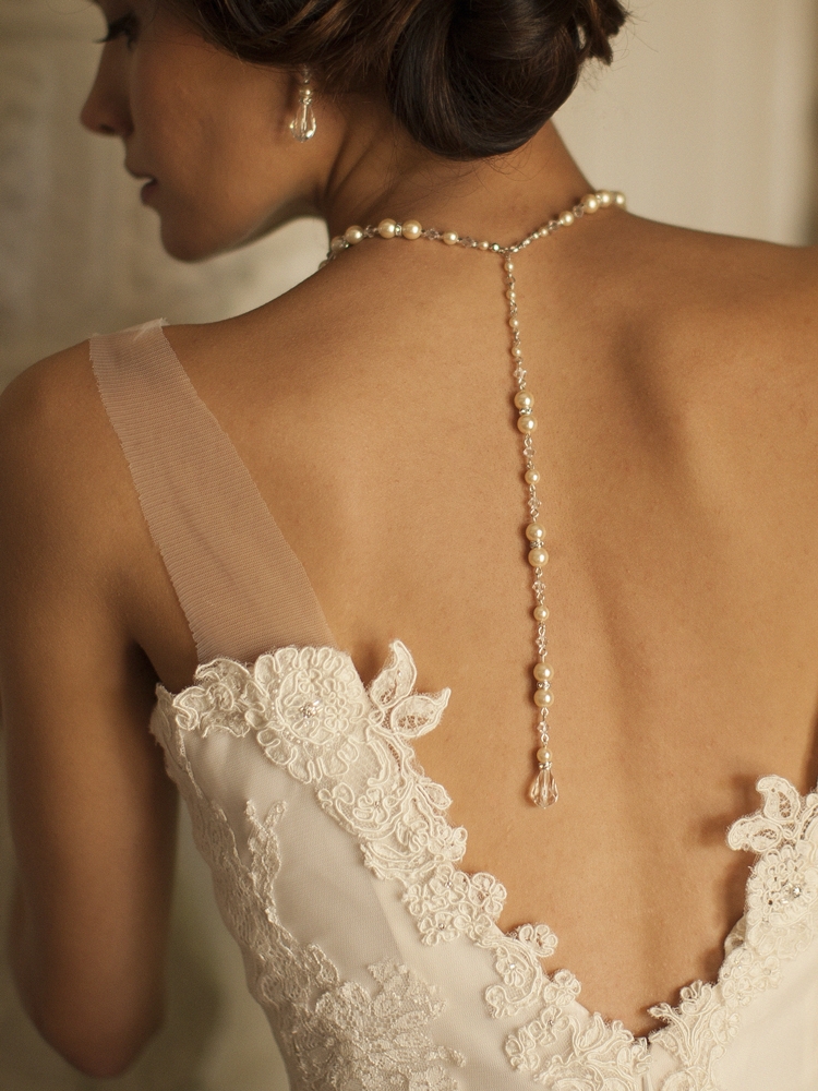 Alluring Wedding Back Necklace with Pearls & Crystals<br>4079N-I-CR-S