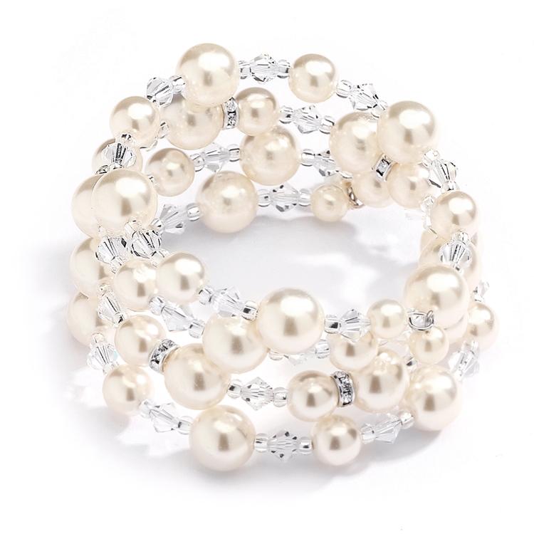 Mariell Handmade Ivory Glass Pearl Wrap Around Wedding Bridal Bracelet - Coil Cuff with Crystal Accents