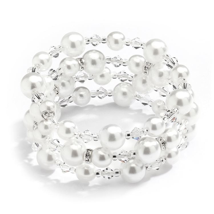 Mariell Handmade Ivory Glass Pearl Wrap Around Wedding Bridal Bracelet - Coil Cuff with Crystal Accents