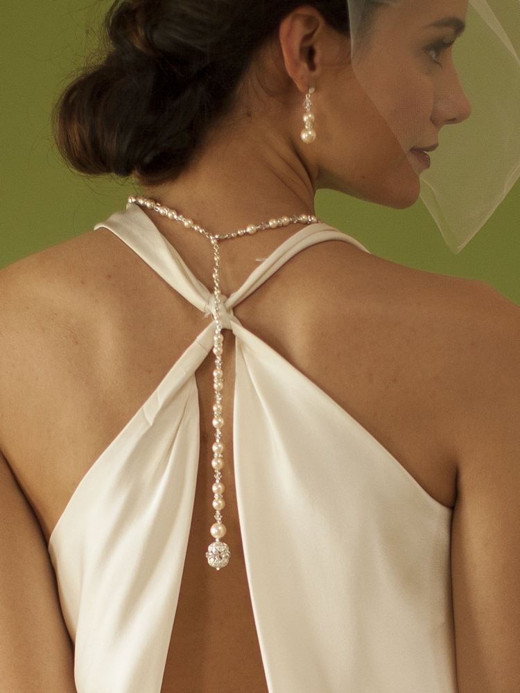 White Pearl & Crystal Long Back Necklaces for Bridal, Bridesmaids & Prom<br>4080N-W-CR-S