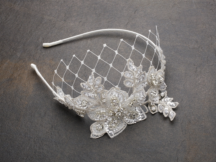 Luxurious Crystal Embellished Lace Wedding Headband with Wide Netting<br>4086HB-I