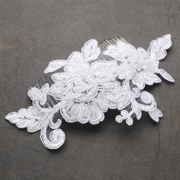 Romantic English Rose White Lace Bridal Comb<br>4089HC-W