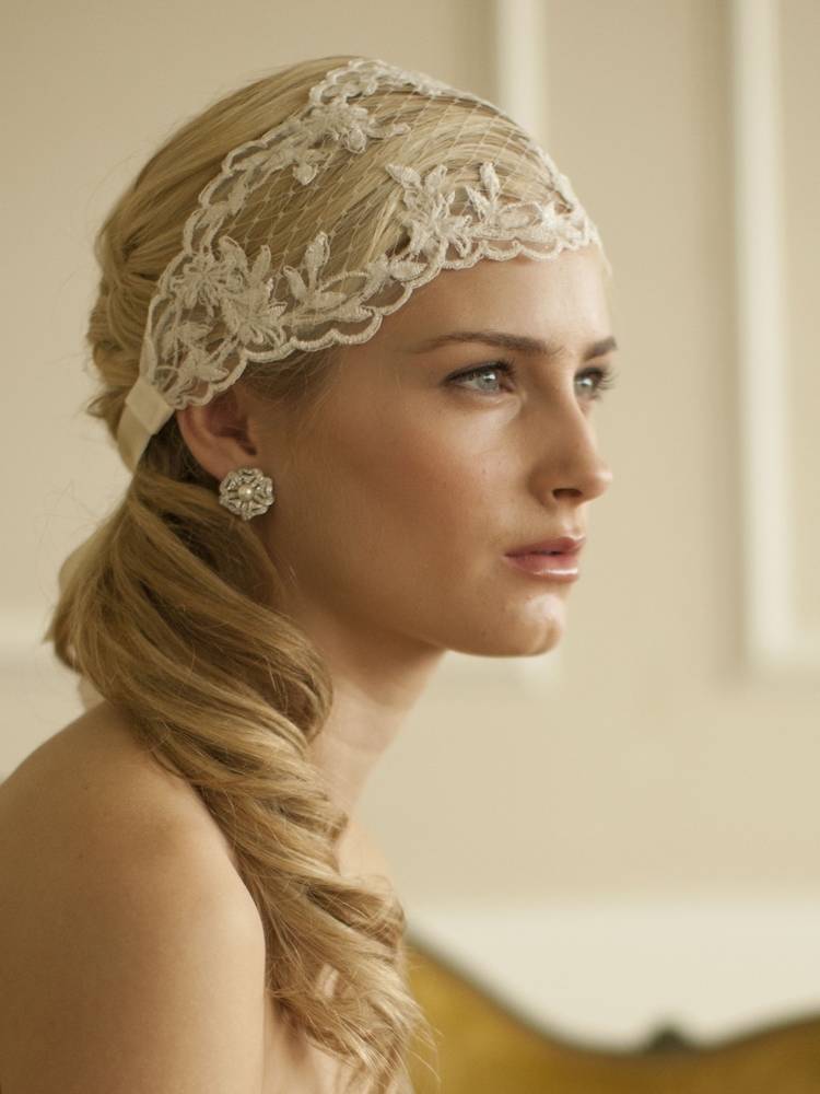 Ivory Split Lace Ribbon Wedding Headband with French Netting<br>4098HB-I