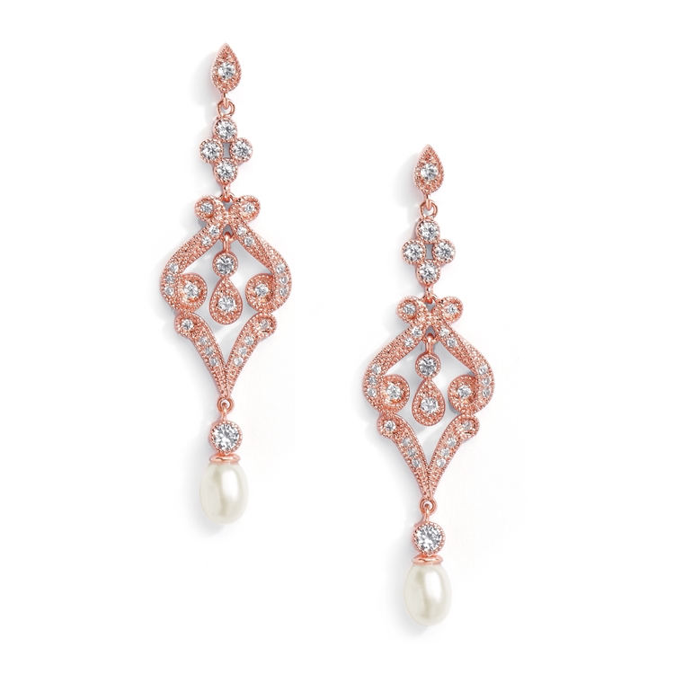Rose Gold CZ Scroll Earrings with Freshwater Pearl<br>409E-RG