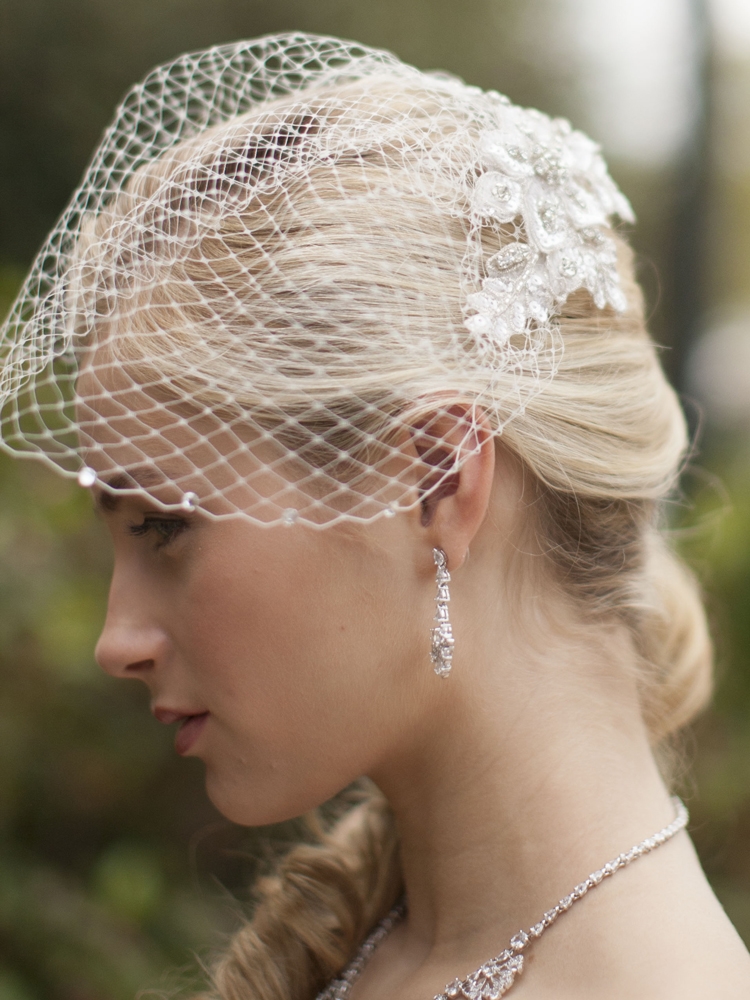 Crystal Ivory Lace Applique Wedding Veil with French Net Birdcage Blusher<br>4103V-I