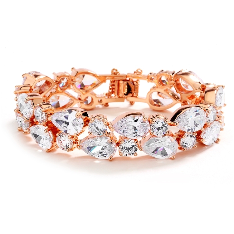 Rose Gold 6 1/2" Petite Length CZ Pears Bridal Statement Bracelet<br>4128B-RG-6