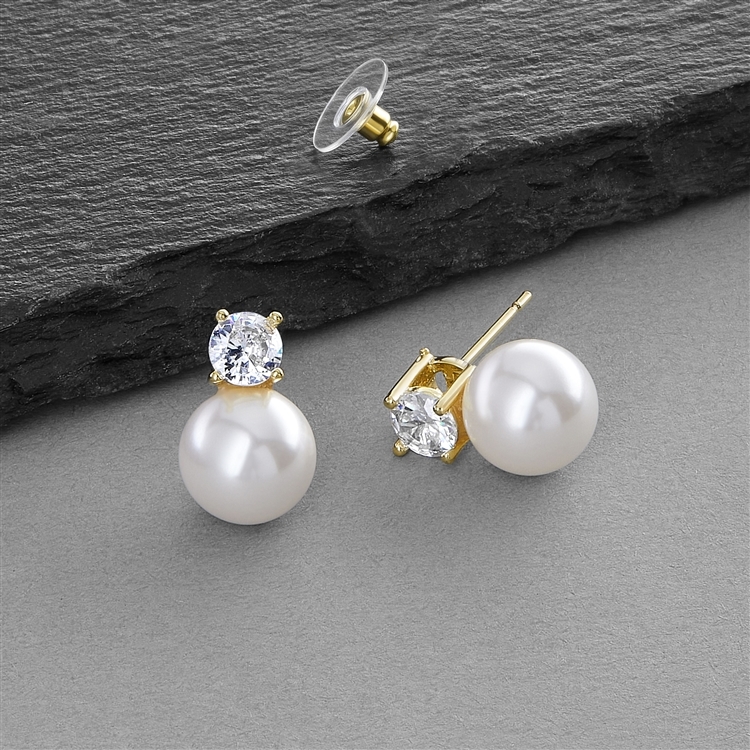 Soft Creme 10mm Pearl & CZ Solitaire Gold Bridal Earrings<br>412E-G