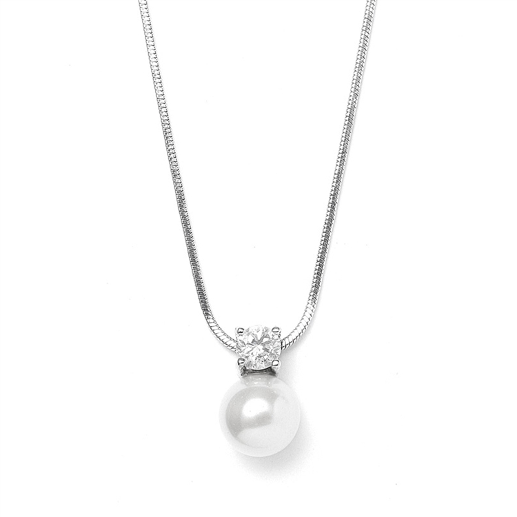 Soft Creme 10mm Pearl & CZ Solitaire Bridal Necklace Pendant<br>412N