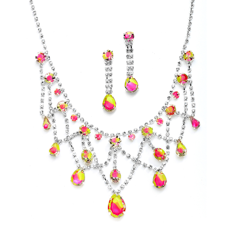 Hand-Painted Neon Rhinestone Prom or Bridesmaids Necklace & Earrings Set<br>4133S-NEMU