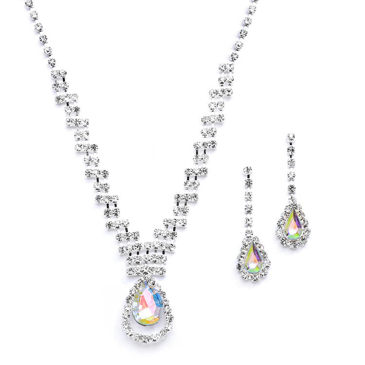 Prom or Bridesmaids Rhinestone Necklace Set with AB Caged Pear<br>4140S-AB