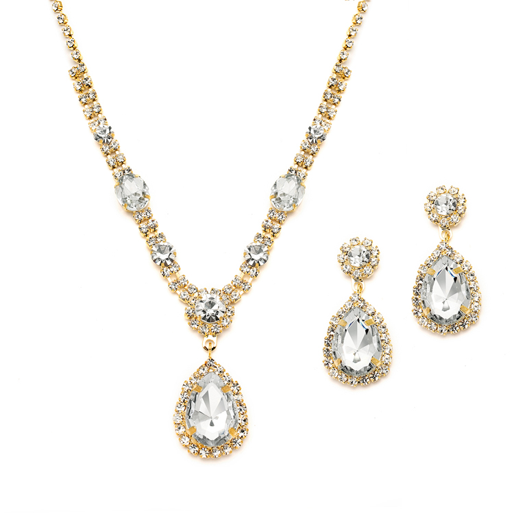 Gold and Clear Rhinestone Necklace & Earrings Set for Prom or Bridesmaids<br>4144S-CR-G