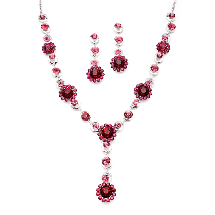 Fuchsia Multi Floral Drop Necklace Set for Prom or Bridesmaids<br>4152S-RA