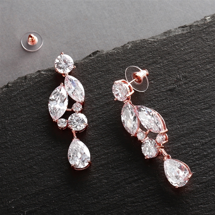 Rose Gold Cubic Zirconia Abstract Wedding Earrings with Teardrops<br> 4156E-RG