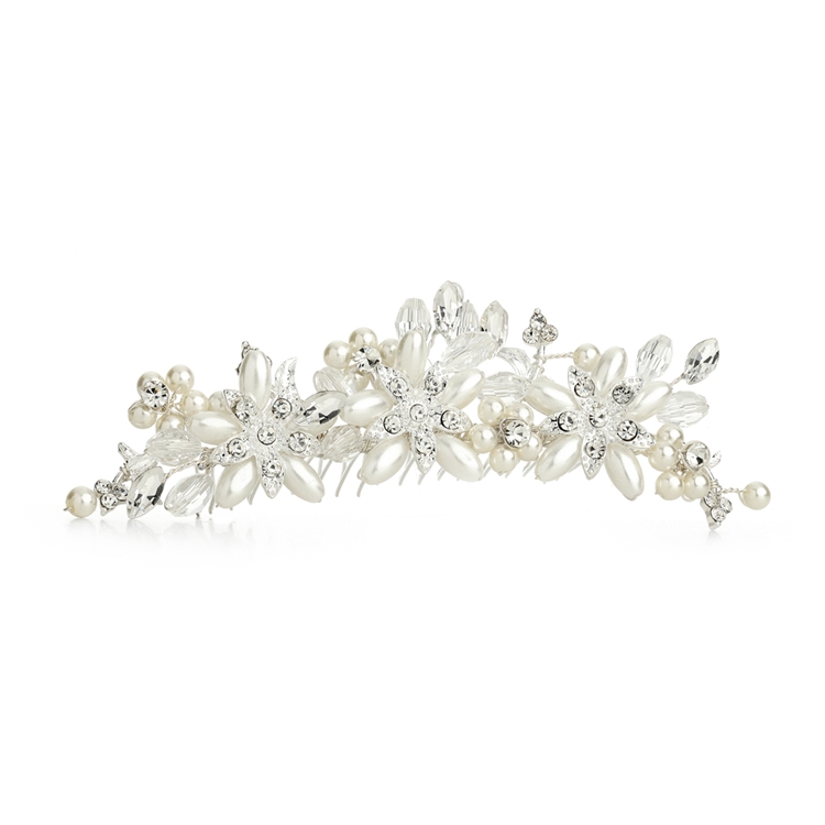 Elegant Ivory Pearl & Crystal Flower Wedding Tiara Comb<br>4164TC
