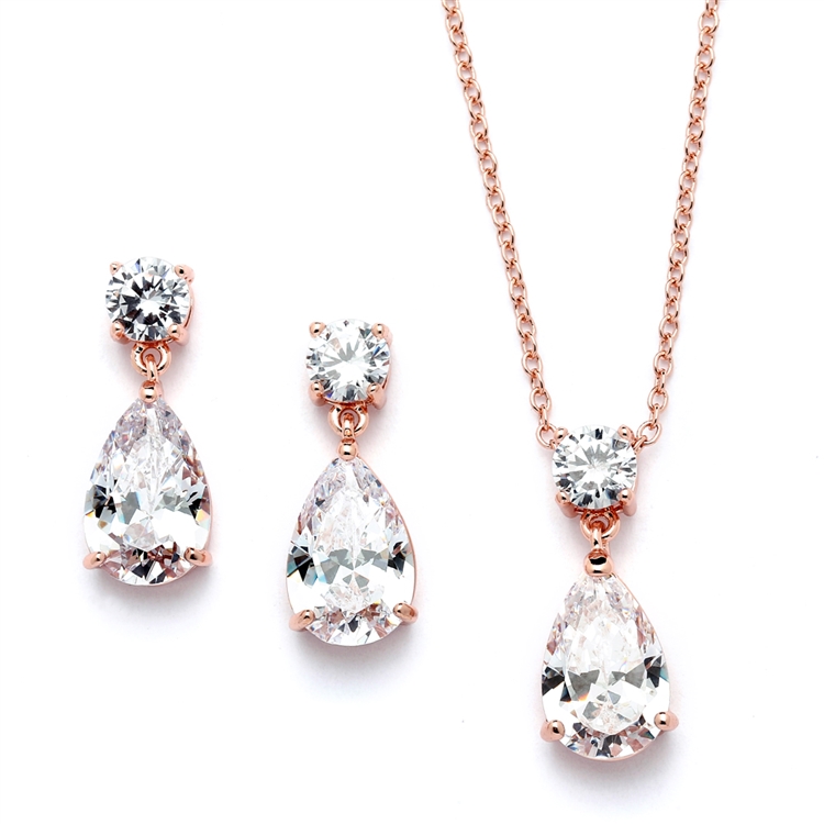 Rose Gold Cubic Zirconia Teardrop Bridal or Bridesmaids Necklace Set<br>4172S-RG