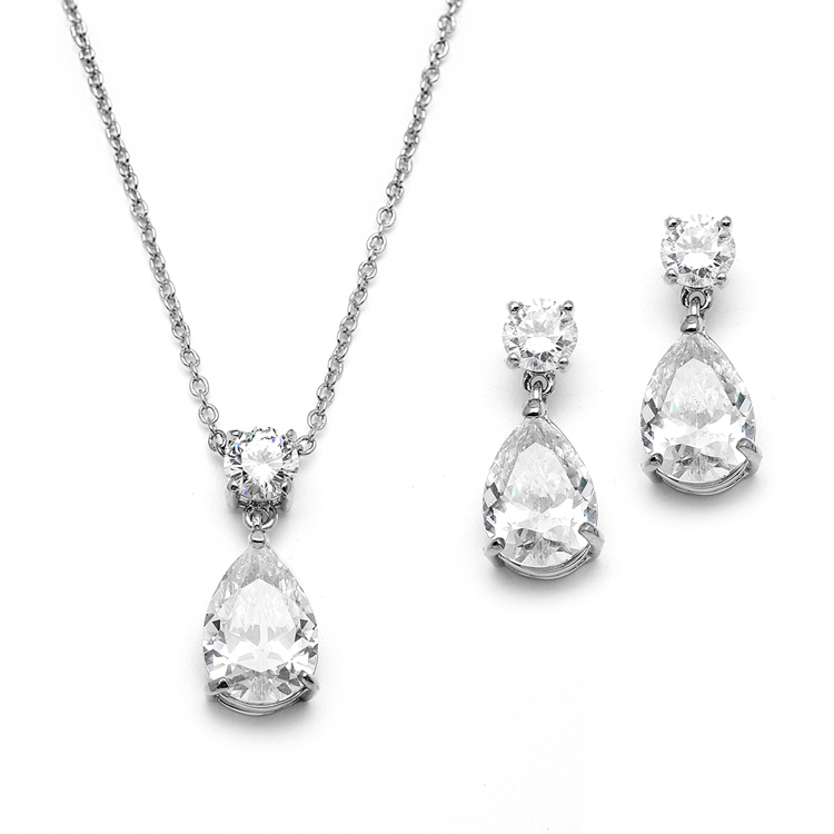 Cubic Zirconia Teardrop Bridal or Bridesmaids Necklace Set<br>4172S-S