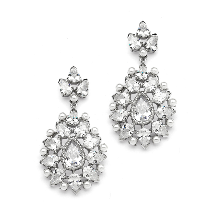 Genuine CZ Statement Earrings with Dainty Pearls<br>4175E