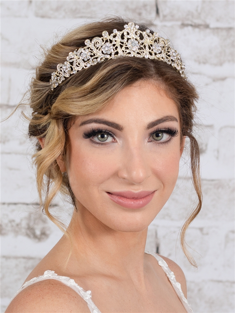 Vintage Filigree Gold Tiara with Clear Crystals for Bridal, Prom or Wedding <br>4187T-G