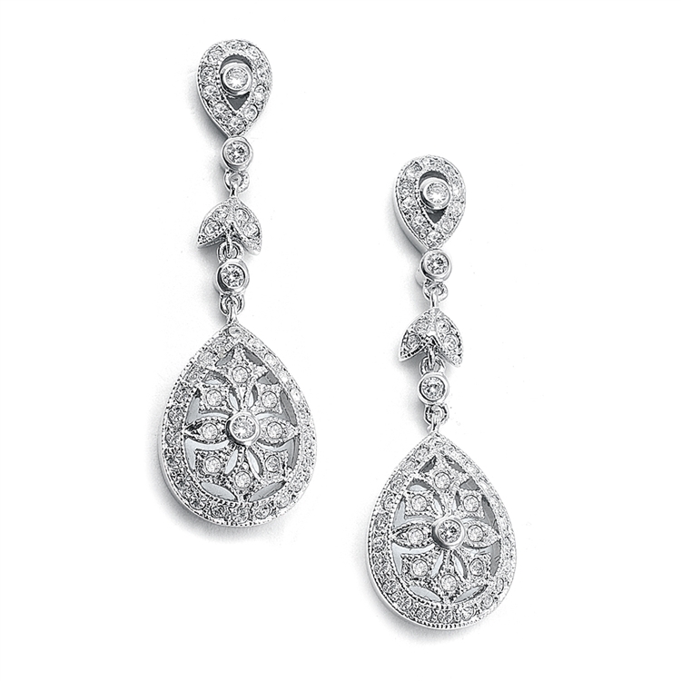 Vintage Etched Cubic Zirconia Dangle Bridal Earrings<br>420E