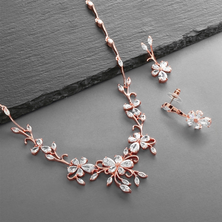 Elegant Rose Gold Vine Motif Cubic Zirconia Necklace and Earrings Set for Weddings or Formals<br>4233S-RG