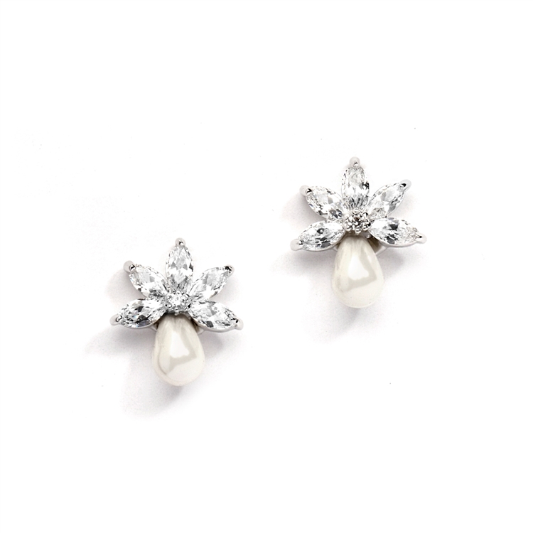 Dainty CZ Bridal Earrings with Freshwater Pearls<br>4286E