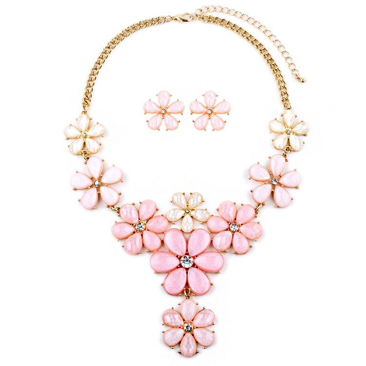 Light Pink Flower Power Statement Necklace Set<br>4335S-LTPK-G