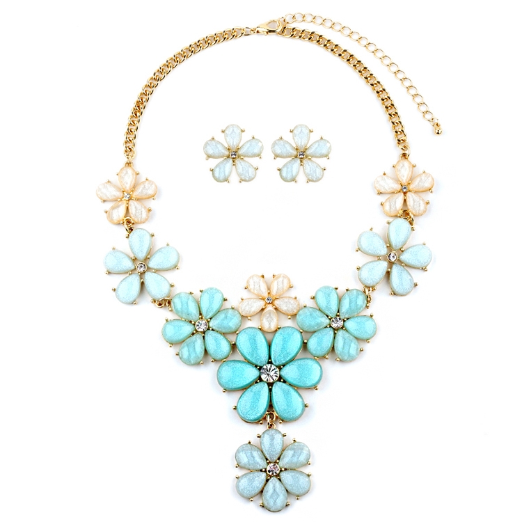 Mint Flower Power Statement Necklace Set<br>4335S-MIN-G