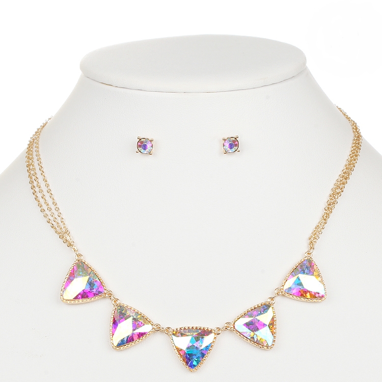 Iridescent AB Triangles Gold Necklace and Earrings Set<br>4355S-AB-G