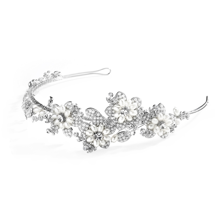 Soft Cream Pearl and Crystal Botantical Bridal Headband<br>4357HB-SC