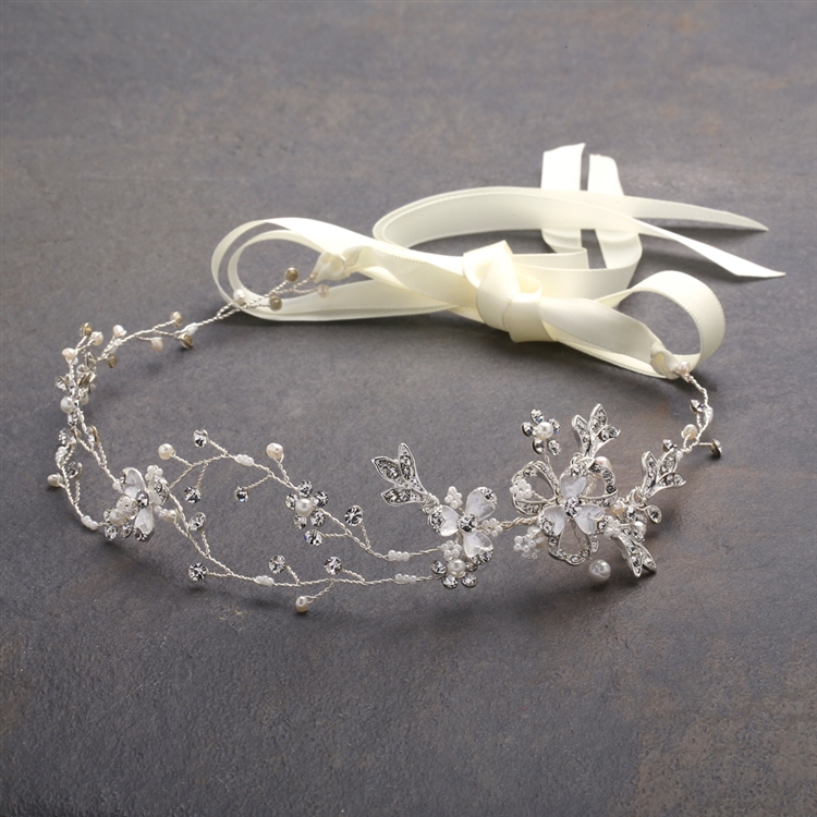 Designer Handmade Bridal Headband with Painted Floral Vines<br>4386HB-I-S