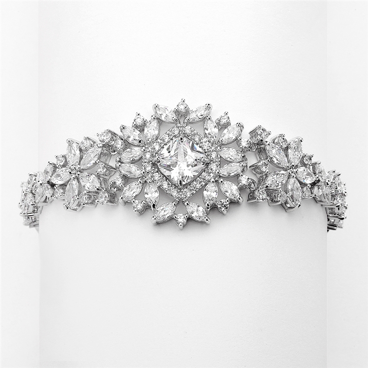 Dramatic CZ Bridal Bracelet with Cushion Cut Center<br>4392B-S