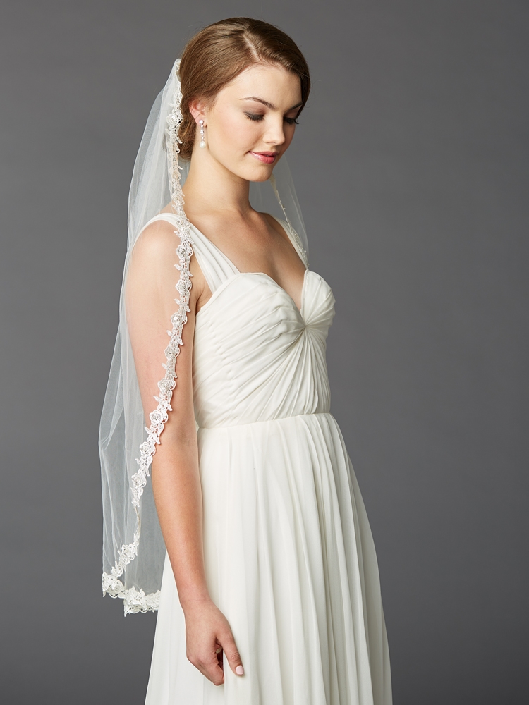 Delicate 36" Fingertip Length Lace Edge Wedding Veil with Beaded Accents<br>4415V-I