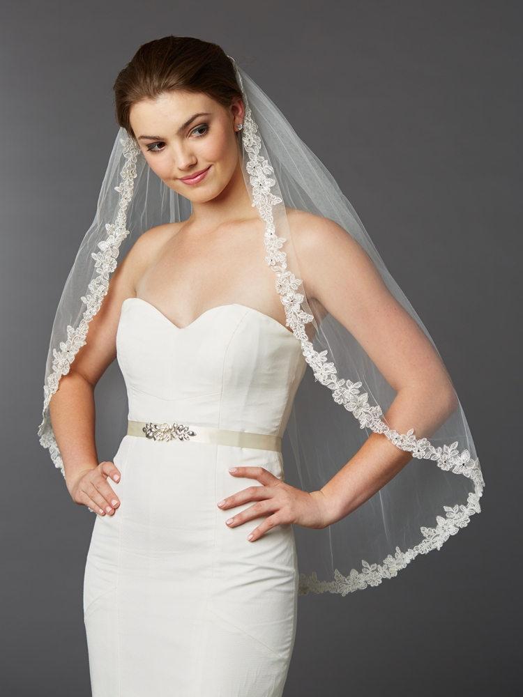 Sculpted Lace Edged Fingertip Length Mantilla Wedding Veil with Crystal Accents<br>4416V-I-S