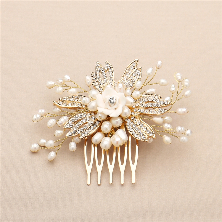 Gold Freshwater Pearl Wedding Comb with  Flower