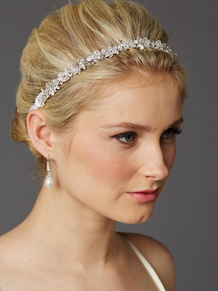 Slender Bridal Headband with Hand-wired Crystal Clusters and White Ribbons<br>4431HB-W