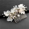 Couture Bridal Hair Comb with Hand Painted Gold Leaves, Freshwater Pearls and Crystals<br>4439HC-I-LTG