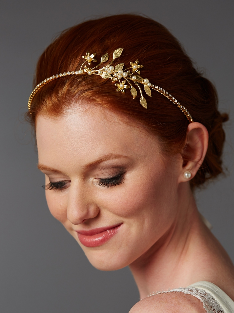 Handmade Couture Gold Bridal Side Headband with Baby Pearl Floral Sprigs<br>4445HB-G-I
