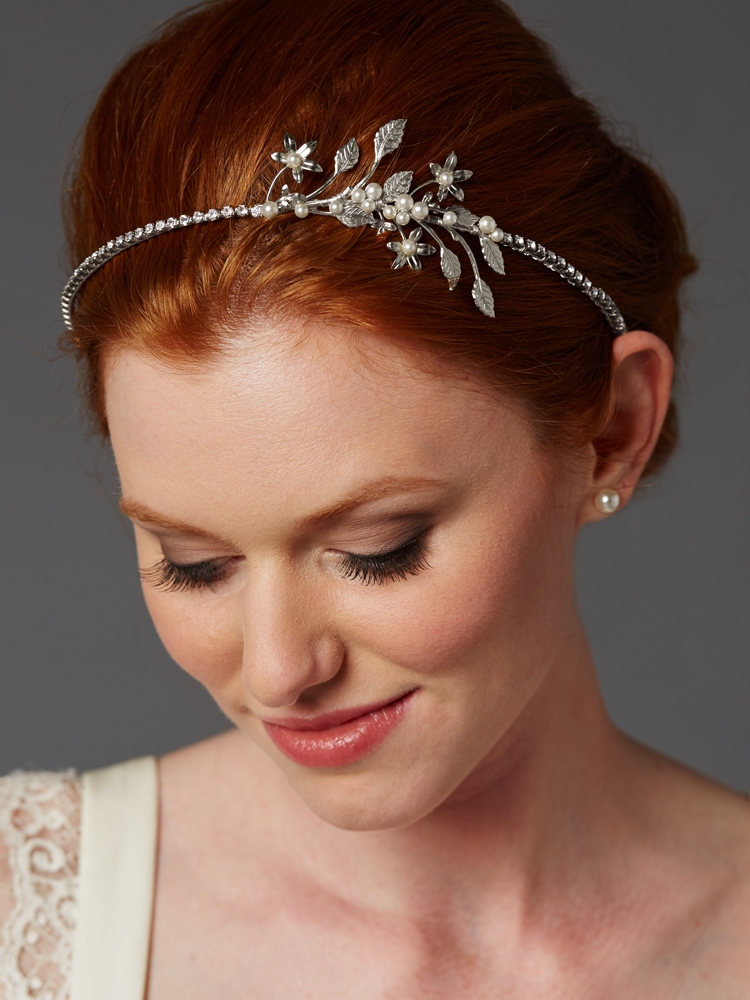 Hand-Made Designer Side Headband with Crystal Rhinestones & Baby Pearl Floral Sprigs <br>4445HB-S-I