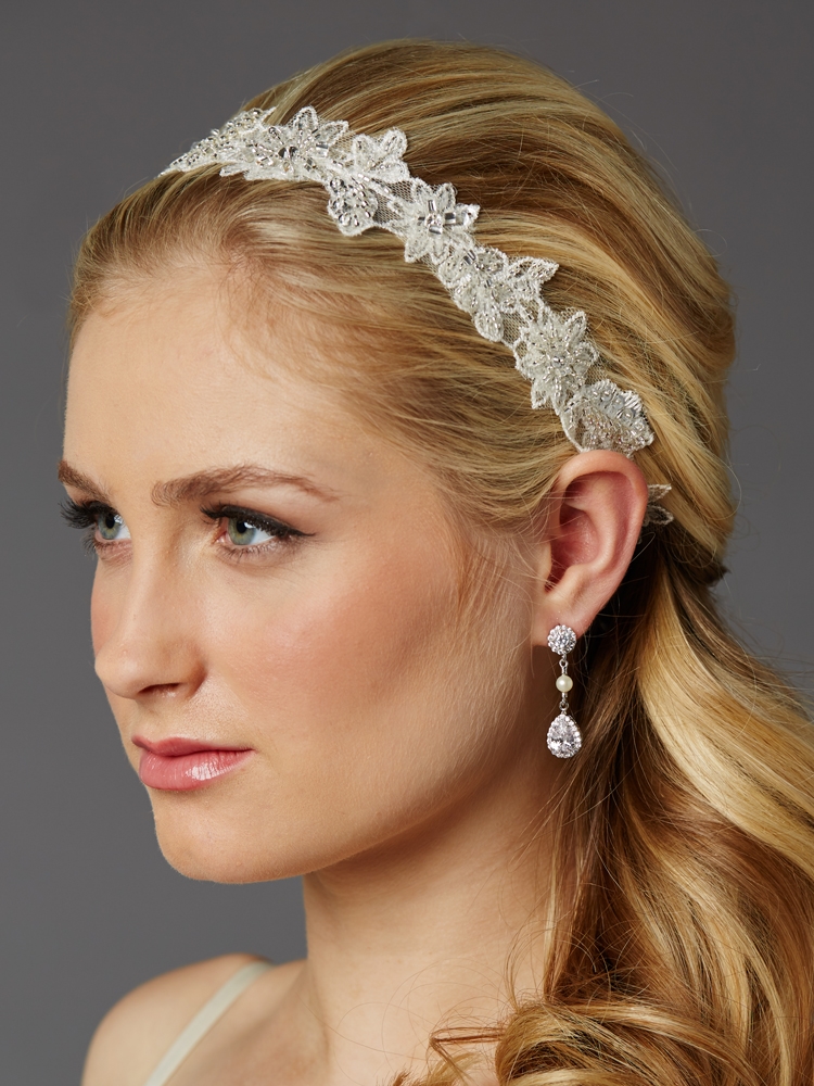European Lace Floral Bridal Headband with Genuine Preciosa Crystals and Seeds<br>4454HB-I