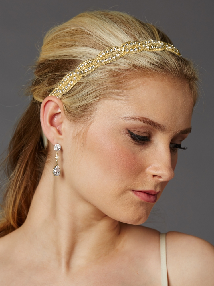 Braided Bridal Headband with Golden Seed Beads and Crystal Rhinestones<br>4458HB-G