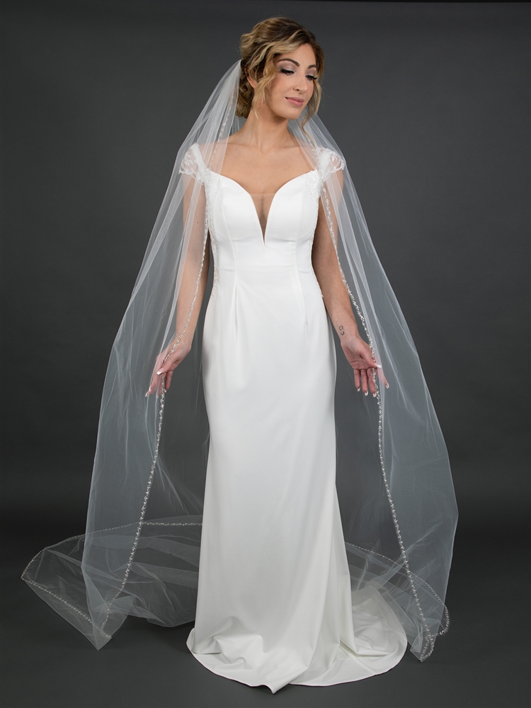 Glistening Silver Beaded Edge with Pearls 108" Cathedral Length Wedding Veil<br>4466V-I-108