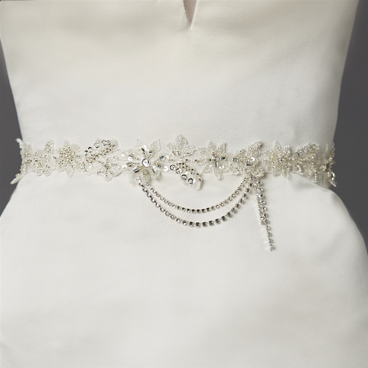 Floral Bridal Sash with Beaded European Wedding Lace<br>4479SH-I-S