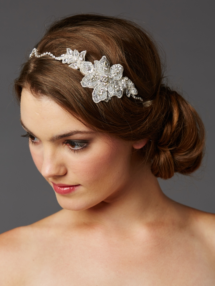 Genuine Preciosa Crystal Hand Wired Wavy Headband with Fine European Lace<br>4483HB-LTI-S