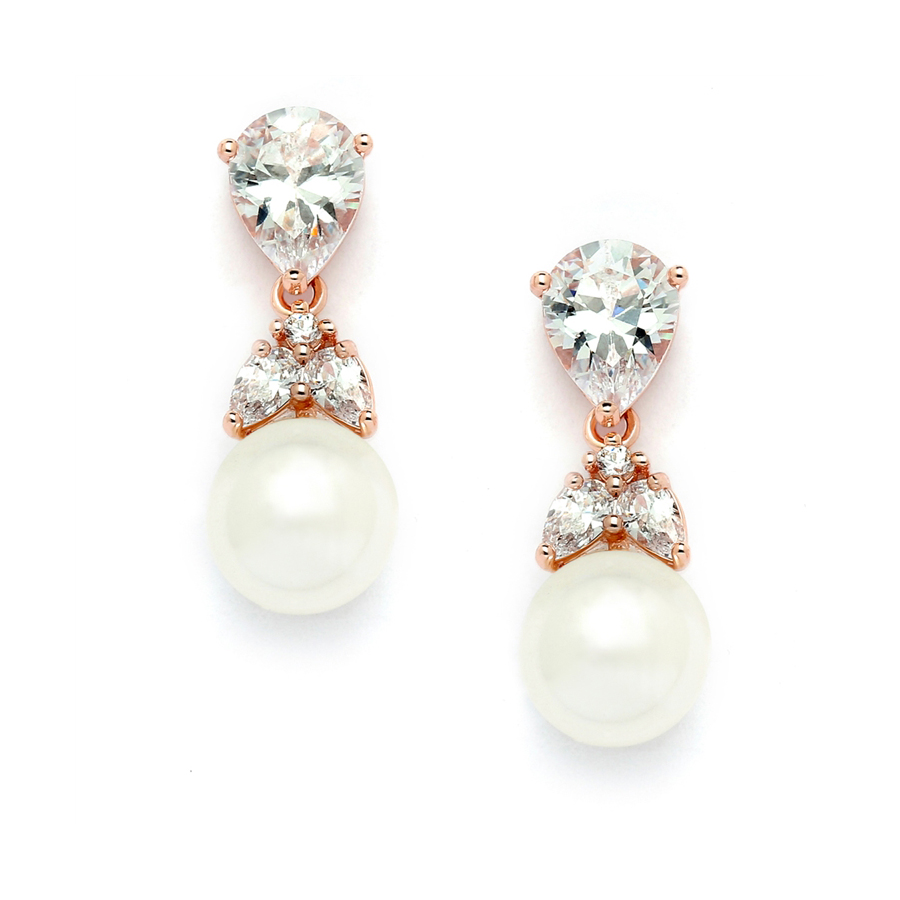 Top-Selling Rose Gold CZ Bridal Earrings with Pears and Pearl Drops <br>4490E-I-RG