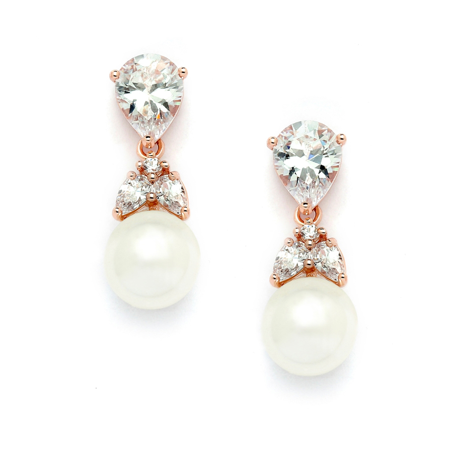 Rose Gold CZ Cip-On Bridal Earrings with Pearl Drops <br>4490EC-IV-RG